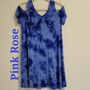 ❣️HP❣️Pink Rose blue marble cold shoulder cap sleeve mini dress sz: MJr.